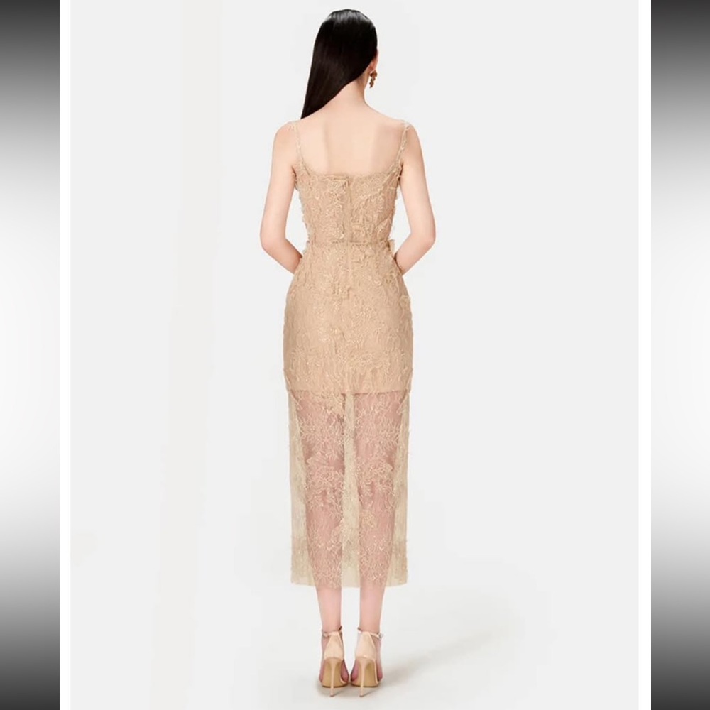 Montsand Ivory Beaded Lace Pencil Midi Dress in Nude - Picture 4 of 13